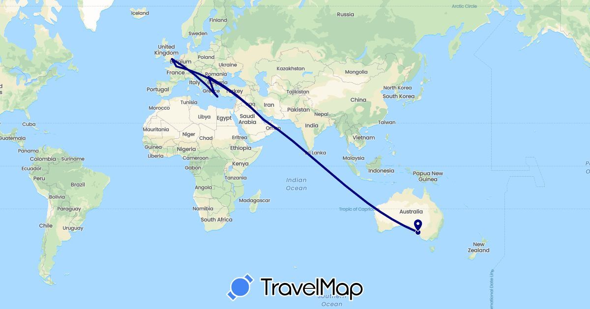 TravelMap itinerary: driving in Australia, France, United Kingdom, Greece, Qatar, Serbia (Asia, Europe, Oceania)